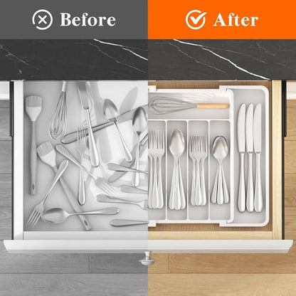 Lifewit Expandable Silverware Drawer Organizer - BPA-Free Utensil Tray for Kitchen | Adjustable 8.5-14 x 12" - White