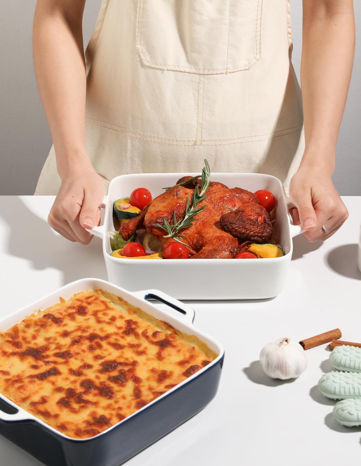 Sweejar 8x8 Baking Pan - Ceramic Casserole Dish with Double Handles | 2 QT White Square Dish for Brownies & Lasagna