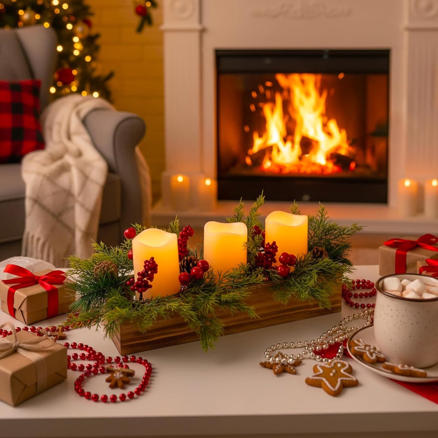 Skiennix Christmas Table Centerpiece - 3 Flameless LED Candles with Pine Cones & Red Berries | Rustic Wood Holders for Holiday Dining