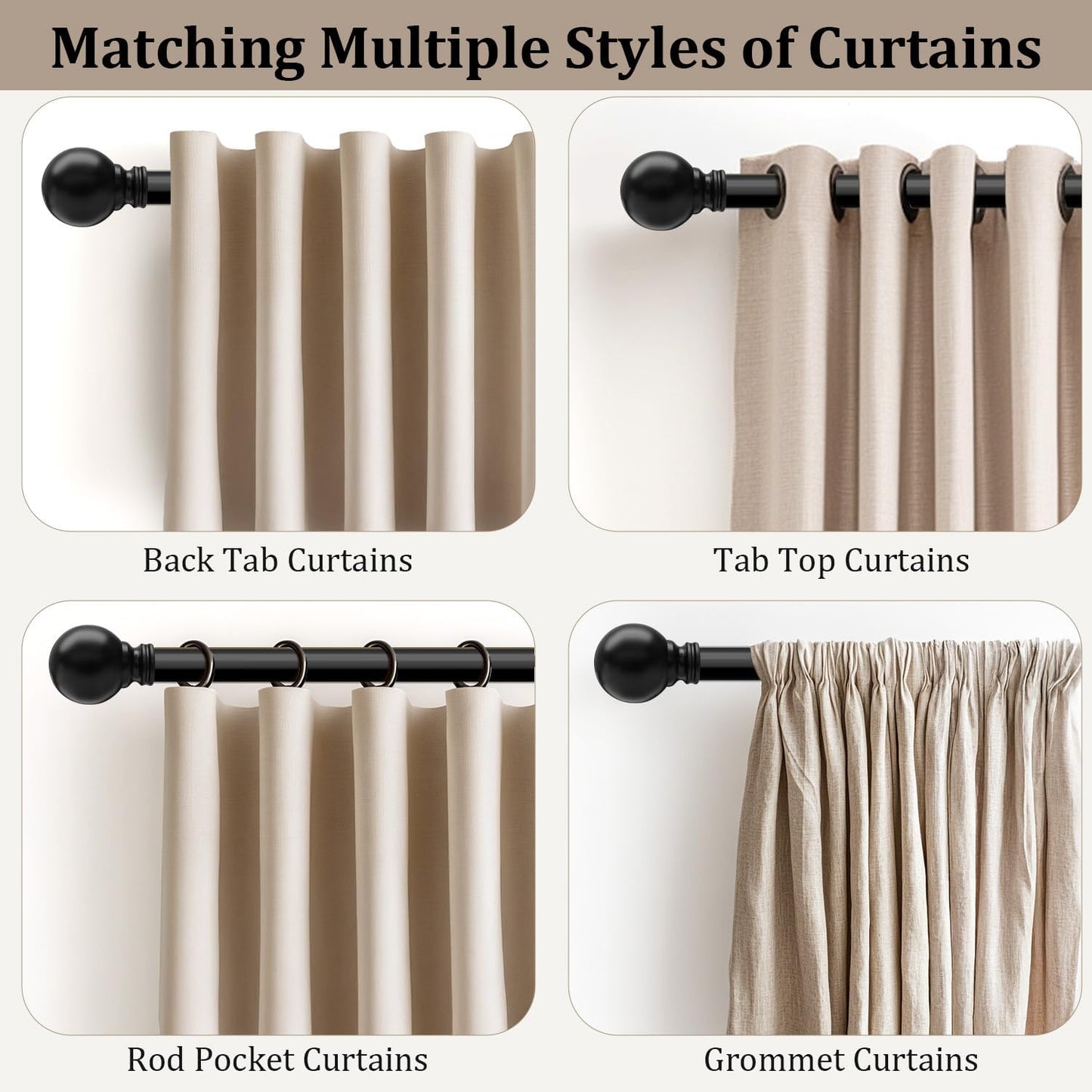 Skiennix Black Curtain Rods - Heavy Duty Metal Adjustable 72-144 Inch for Blackout Window Treatments