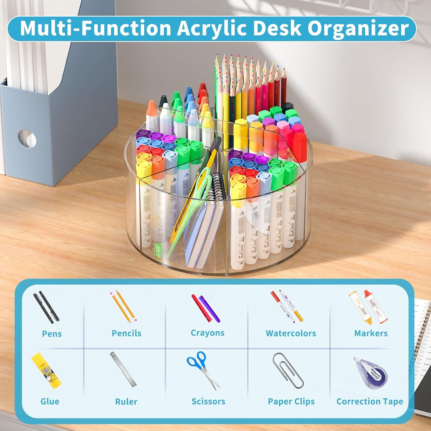 Rotating Markers Organizer - Acrylic Lazy Susan for Kids | 360° Spinning Pencil Holder with 6 Compartments