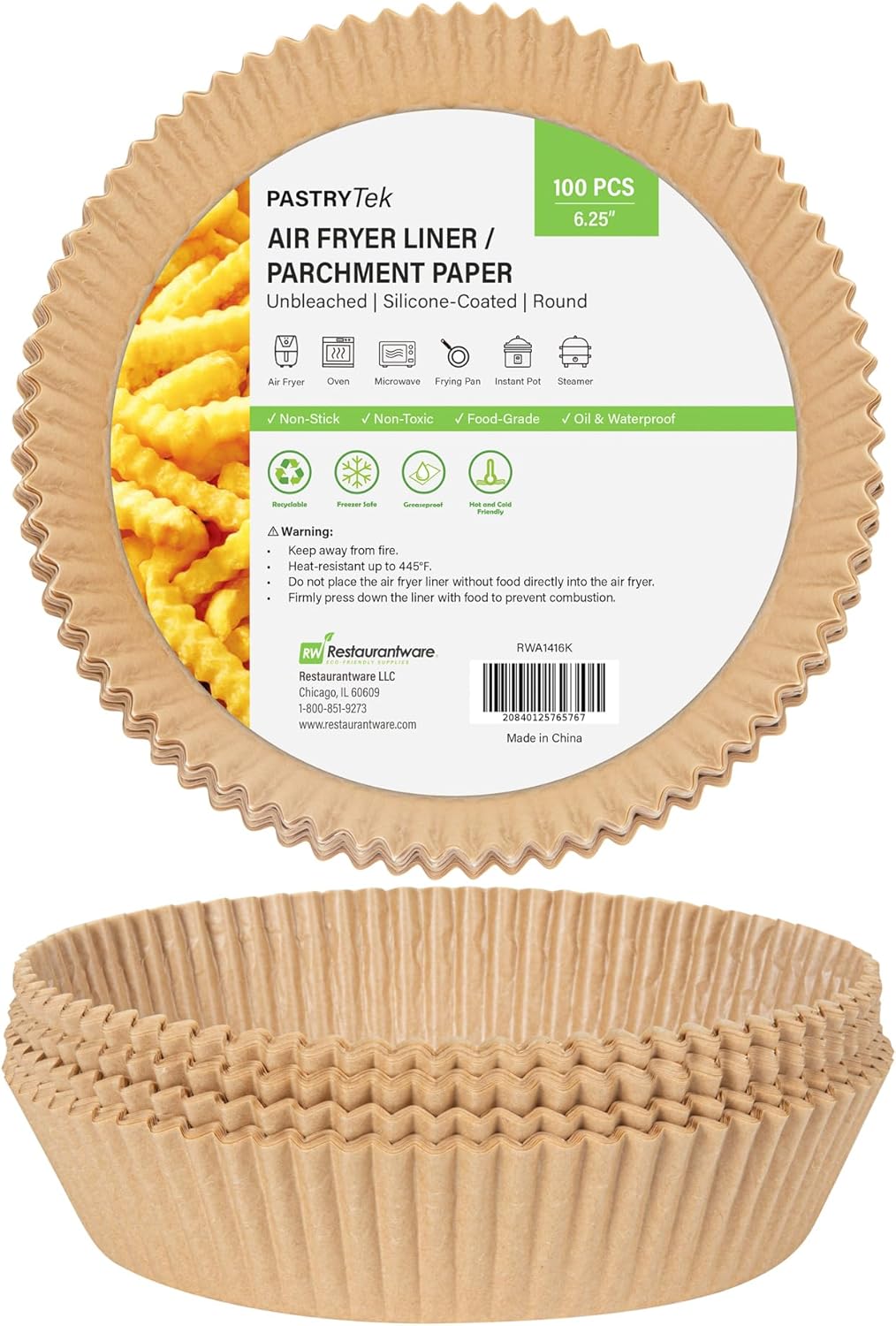 Restaurantware Air Fryer Liners - No-Stick Silicone Coating, 100 Round, 6.3 x 6.3 Inch, Food-Grade Paper