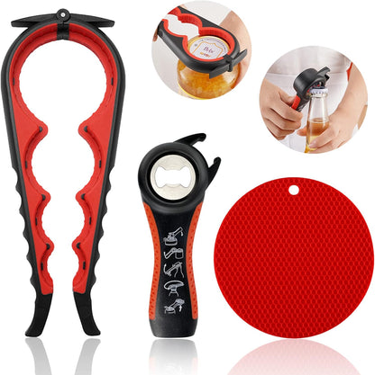 Skiennix Jar Opener - 5-in-1 Multi-Function Tool for Weak Hands & Arthritis | Non-Slip Grip Pad (Red)