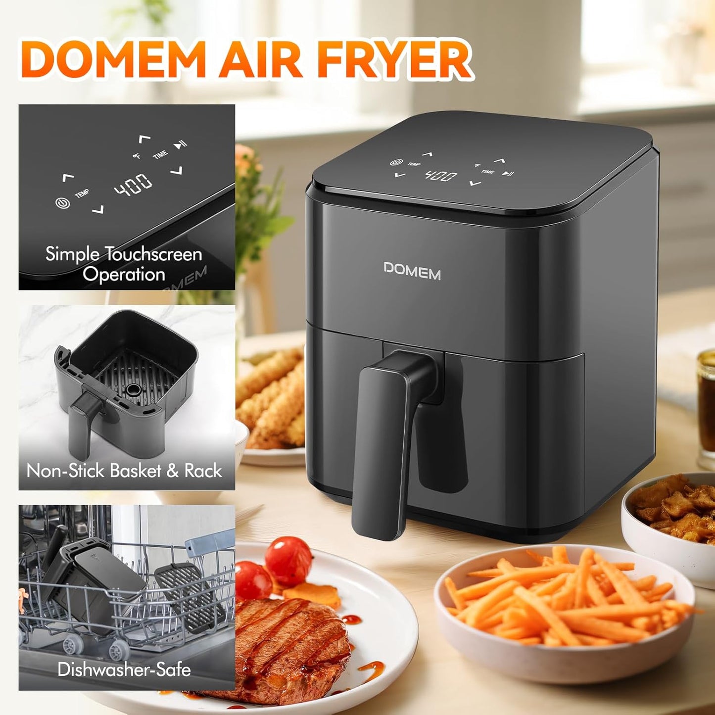 Skiennix 3 Qt Compact Air Fryer - User-Friendly Touchscreen, Non-Stick Basket & Rack, Low-Oil Cooking
