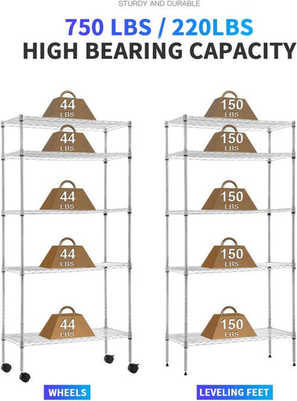 BestOffice Heavy-Duty 5-Tier Wire Shelving Unit - Adjustable Metal Storage Rack with Wheels, 14"x30"x60", Chrome