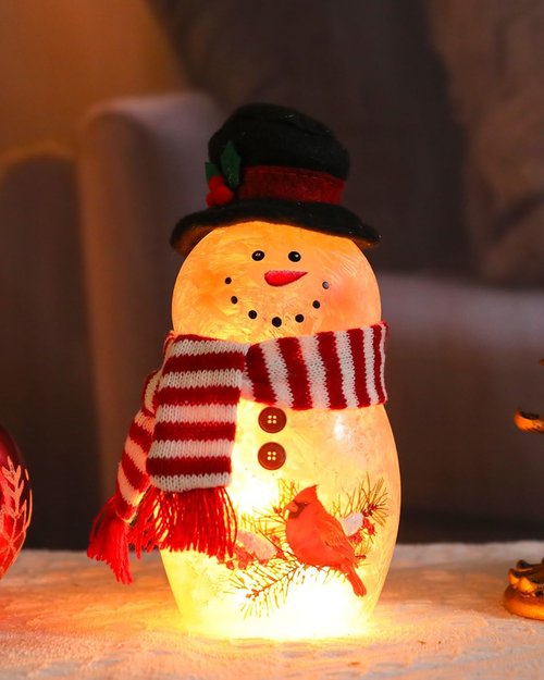 Bdor Snowman Christmas Decoration - 6.3 Inch Glass Figurine with Cardinal & Red Scarf for Holiday Décor