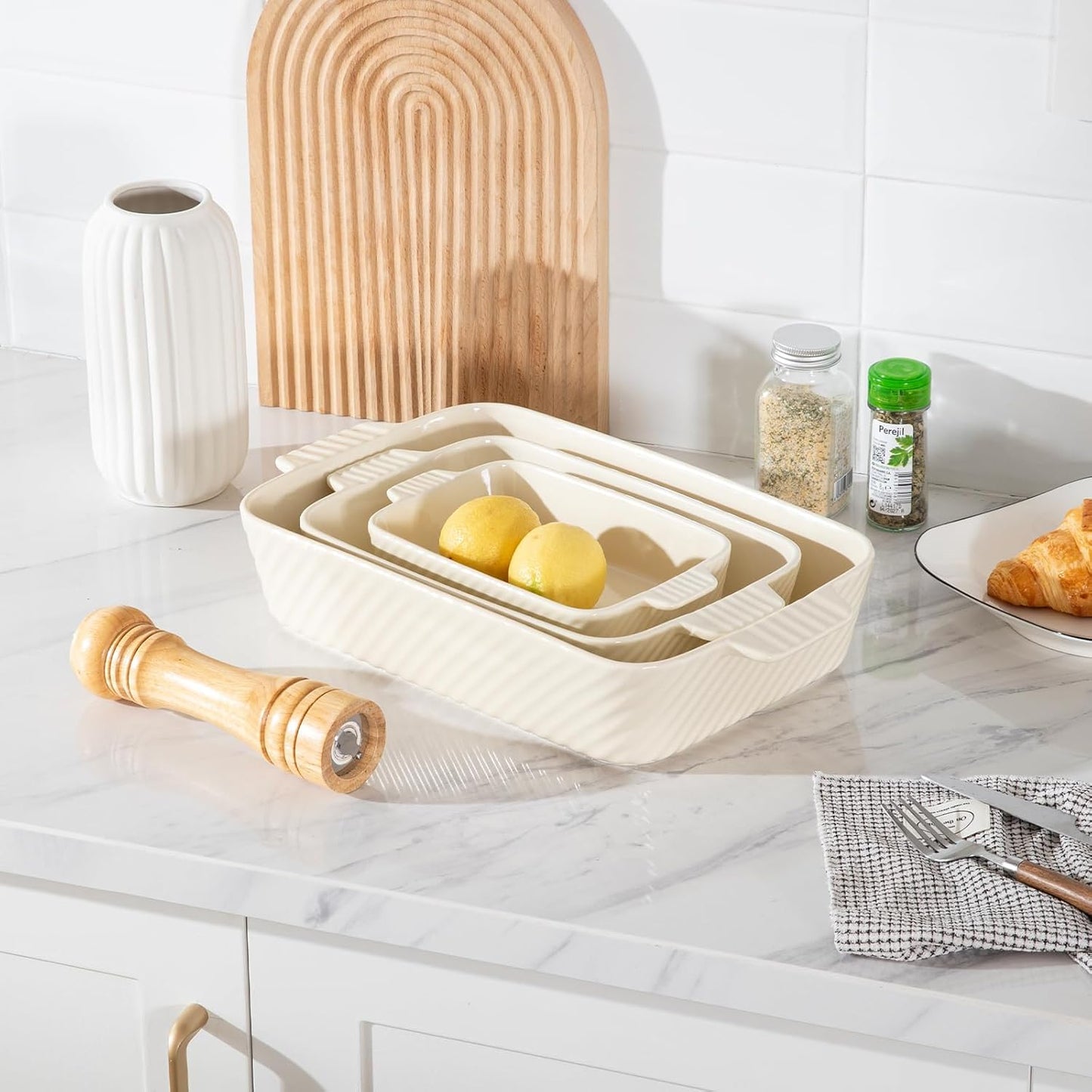 Sweejar Ceramic Baking Dish Set - Porcelain Striped Casserole Dishes with Handle for Lasagna | Beige