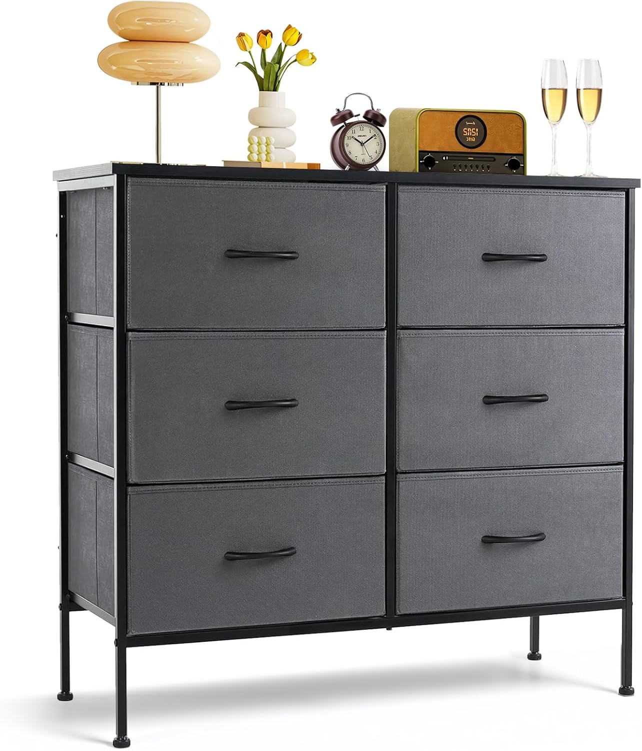 Skiennix 6-Drawer Dresser - Anti-Tip Storage Organizer with Wooden Top & Metal Frame - Gray