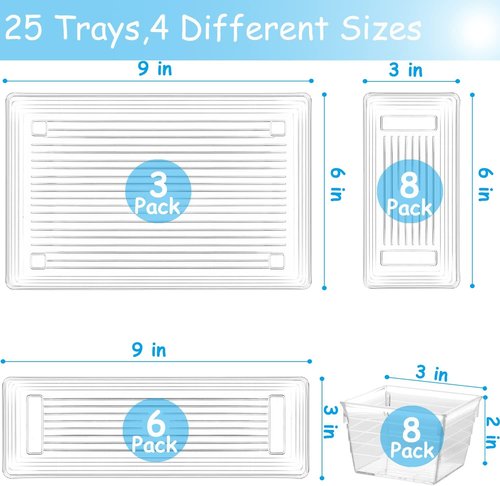 DCA Clear Plastic Drawer Organizer Tray - 25 PCS Bathroom & Kitchen Storage Bins for Makeup, Jewelry, Office