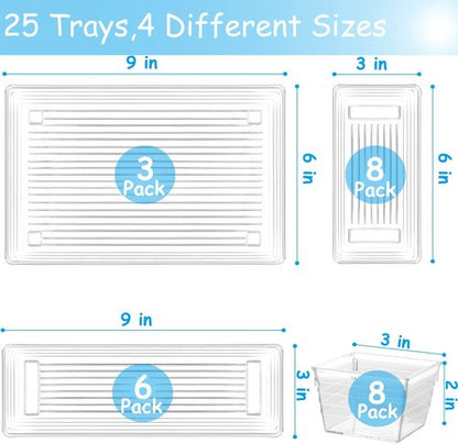 DCA Clear Plastic Drawer Organizer Tray - 25 PCS Bathroom & Kitchen Storage Bins for Makeup, Jewelry, Office