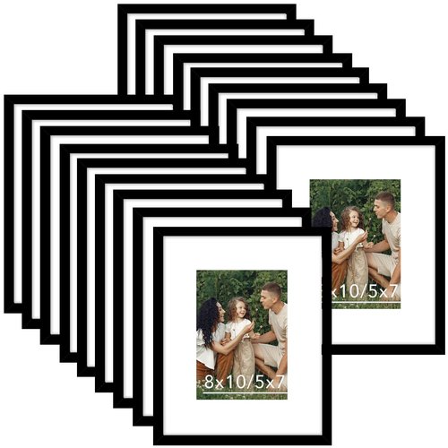 JCJMY 18 Packs 8x10 Picture Frames, Display 5x7 with Mat or 8x10 Without Mat, Gallery Wall Frame Set, 8 by 10 Frames Bulk Set of 18 Collage Wall Decor Photo Frames Set for Wall and Tabletop, Black