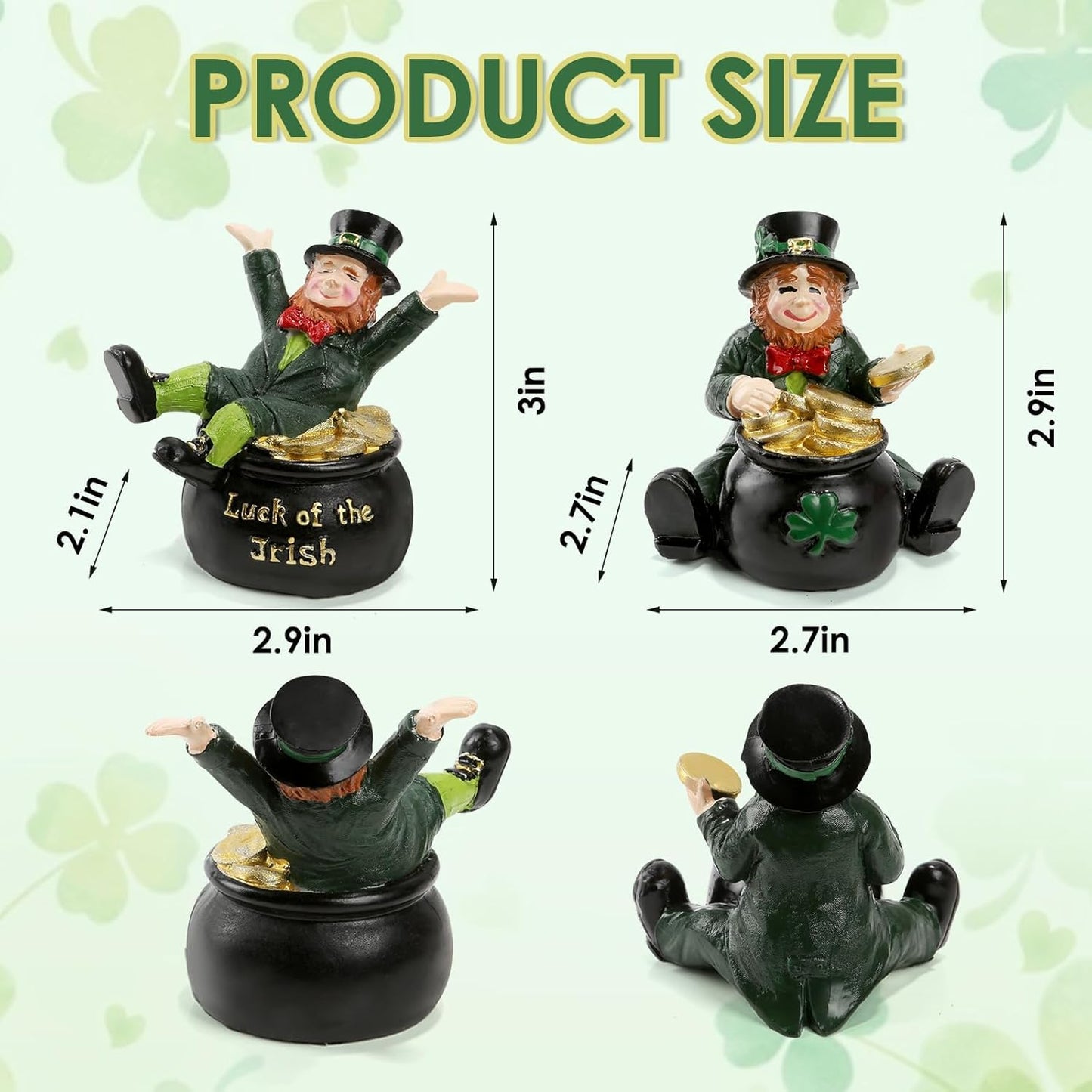 Skiennix St. Patrick's Day Decorations - Lucky Leprechaun Figurines Set of 2 | Resin Statues with Pot of Gold for Home Decor