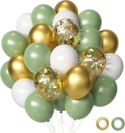 Sage Green Gold White Party Balloons - 50Pcs Confetti Balloons for Birthday & Wedding Decor