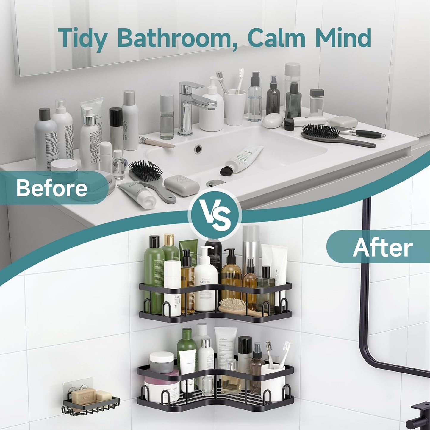 Veken Corner Adhesive Shower Caddy - Rustproof & Waterproof Bathroom Organizer | 4-Pack with Hooks & Soap Holder