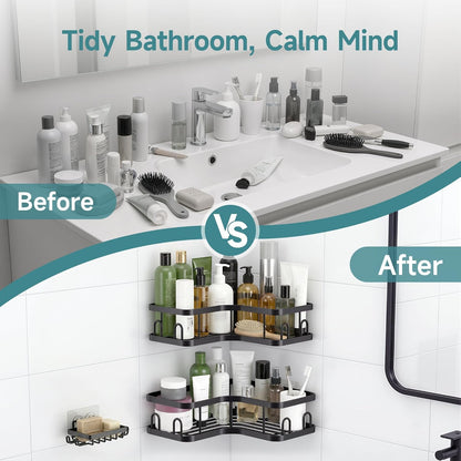 Veken Corner Adhesive Shower Caddy - Rustproof & Waterproof Bathroom Organizer | 4-Pack with Hooks & Soap Holder