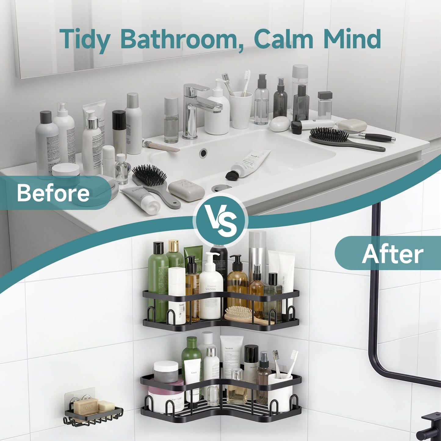 Veken Corner Adhesive Shower Caddy 4-Pack with Soap Holder&Hooks,No Drilling Shower Shelves,Rustproof & Waterproof Bathroom Organizers and Storage,Rack for Small Spaces, Kitchen&Rental-Friendly,Black