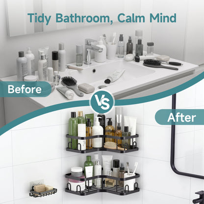 Veken Corner Adhesive Shower Caddy 4-Pack with Soap Holder&Hooks,No Drilling Shower Shelves,Rustproof & Waterproof Bathroom Organizers and Storage,Rack for Small Spaces, Kitchen&Rental-Friendly,Black