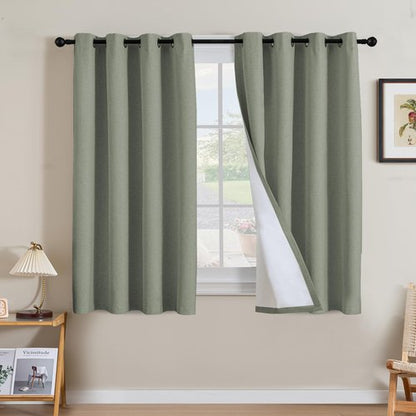 H.VERSAILTEX Linen Curtains 100% Blackout Curtains for Bedroom 54 inch Long Full Light Blocking Nature Linen Blended Window Curtains for Living Room Nickel Grommet (2 Panels, Heathered Dried Sage)