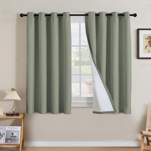 H.VERSAILTEX Linen Curtains 100% Blackout Curtains for Bedroom 54 inch Long Full Light Blocking Nature Linen Blended Window Curtains for Living Room Nickel Grommet (2 Panels, Heathered Dried Sage)