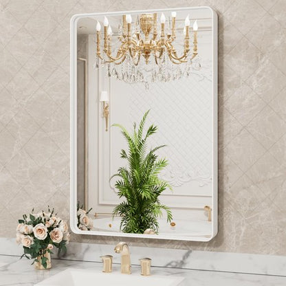 LOAAO 24x32 Inch White Metal Framed Bathroom Mirror for Wall, White Bathroom Vanity Mirror Farmhouse, Large Rounded Rectangle Mirror, Anti-Rust, Hangs Horizontally or Vertically