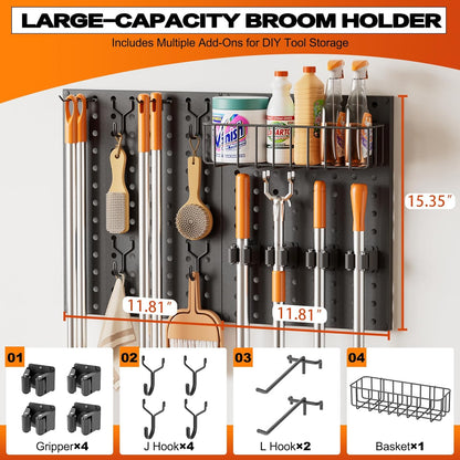 Peg Board Wall Organizer by Broom Holder - Mop Hanger with Gripper Hooks & Basket for Laundry Room Storage