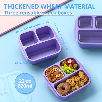 Enstphjoy Snack Boxes (3 Pack) - Stackable Bento Boxes with 3 Compartments, Meal Prep Containers Reusable, Lightweight Lunch Containers for Kids and Adults, BPA Free (Purple)