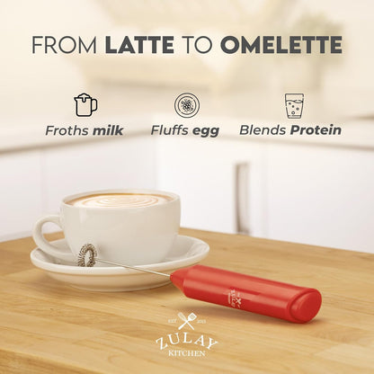 Zulay Kitchen Powerful Milk Frother AA Batteries Included – Ultra Fast Handheld Drink Mixer with Stainless Steel Whisk Stirrer for Coffee, Protein, Matcha & More, Frother Wand Electric Frothmate Red