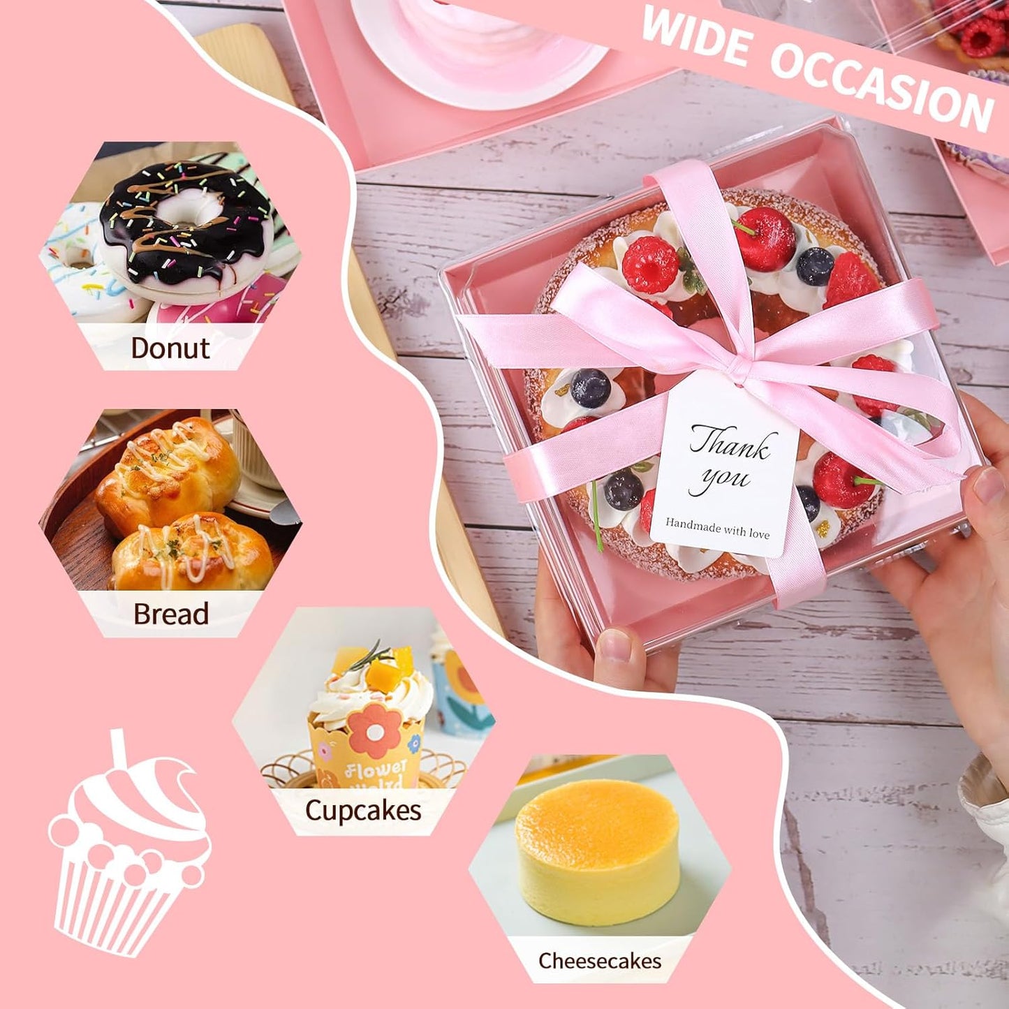Regine Switzerland Paper Cake Boxes - 50 Pack Pink Clear Lid Containers for 4-6 Inch Desserts | Perfect for Valentine's Day