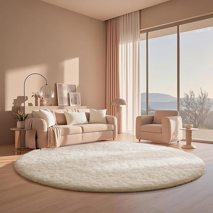 Ophanie Round Area Rug - 6Ft Ivory Circle | Fluffy Soft Shaggy Carpet for Aesthetic Room Decor