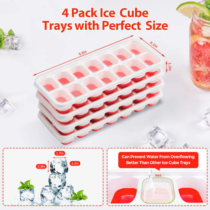 DOQAUS Ice Cube Trays 4 Pack, Easy-Release Flexible & Silicone 14-Ice Trays with Spill-Resistant Removable Lid, LFGB Certified and BPA Free, for Cocktail, Freezer, Stackable Chocolate Trays with Lids