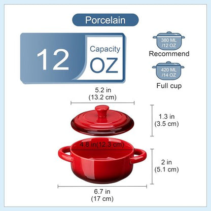 LOVECASA Mini Cocotte Set - 12 OZ Casserole Dishes with Lids | Oven & Microwave Safe, Set of 4 - Red