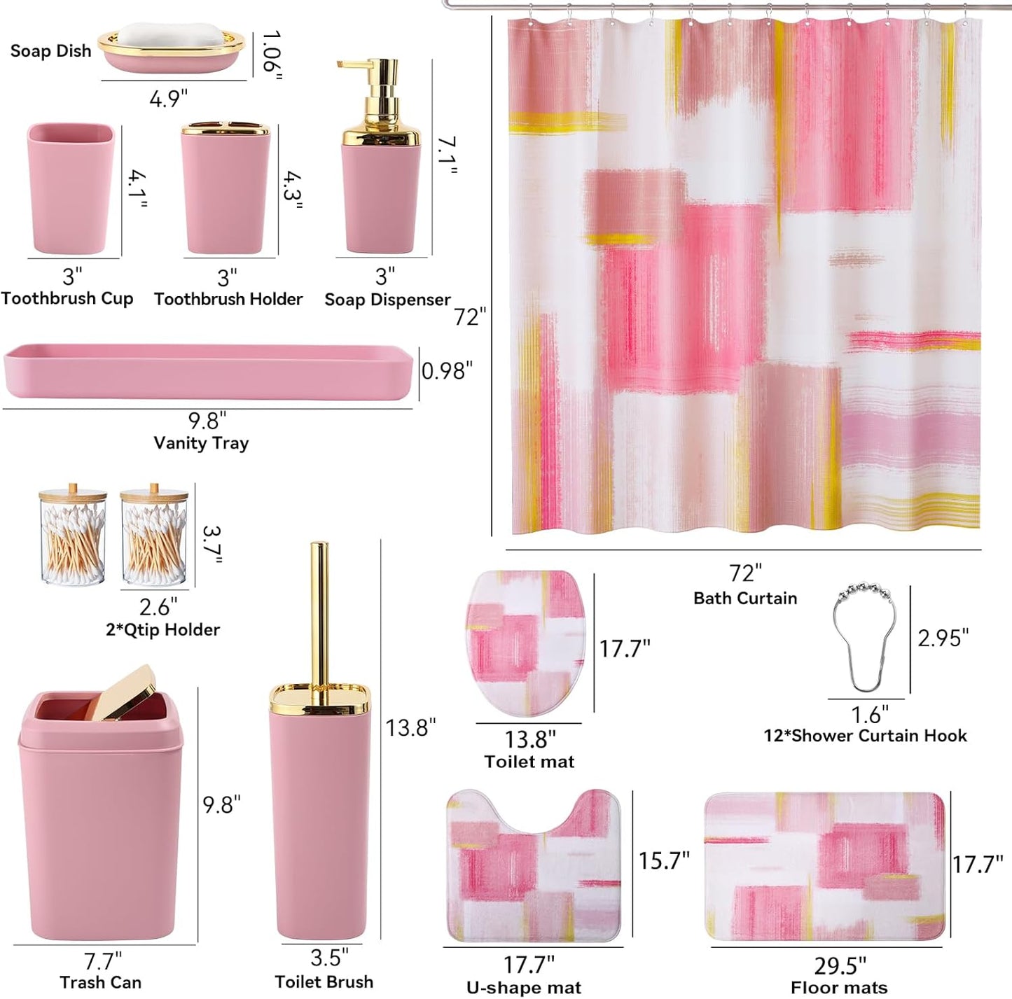 XLHOMO Bathroom Set - Elegant Pink & Gold Accessories with Shower Curtain, Rugs & Dispenser