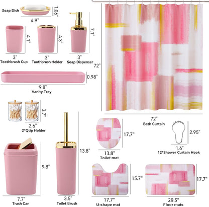 XLHOMO Bathroom Set - Elegant Pink & Gold Accessories with Shower Curtain, Rugs & Dispenser