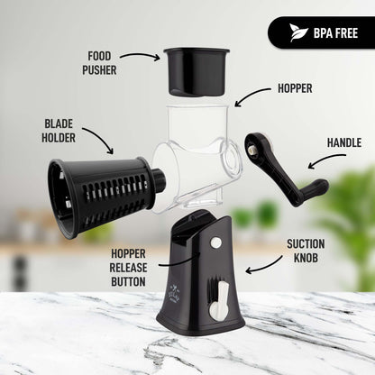 Zulay Kitchen Rotary Cheese Grater 5 Blade Cheese Shredder - Manual Hand Crank Cheese Grater With Reinforced Suction & 5 Interchangeable Drums - Easy to Use, Vegetable Chopper Round Mandoline Slicer