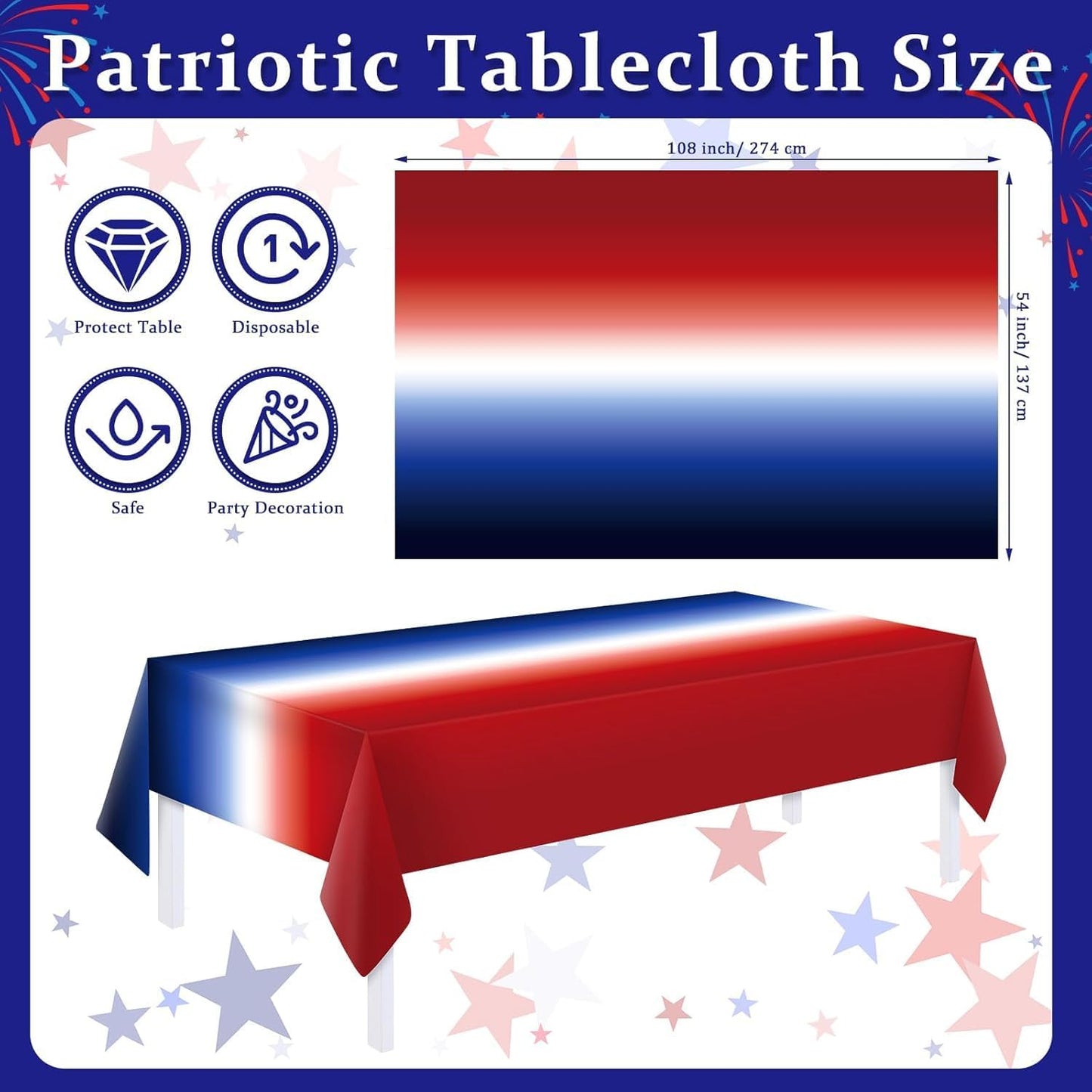 Oudain 12-Pack Patriotic Tablecloths - 54" x 108" Red, White & Blue Gradient for 4th of July Celebrations