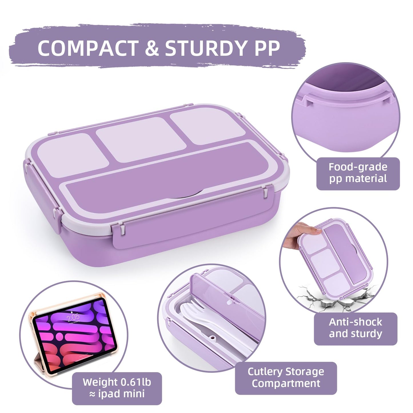 QQKO Bento Box Adult Lunch Box, Lunch Containers for Adults Men Women, Kids Lunch Boxes for School with 4 Compartments, Sauce Container, Utensils and Muffin Cups, Purple