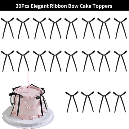 Skiennix 20 PCS Black Bow Cake Toppers - Elegant Birthday & Wedding Party Decorations