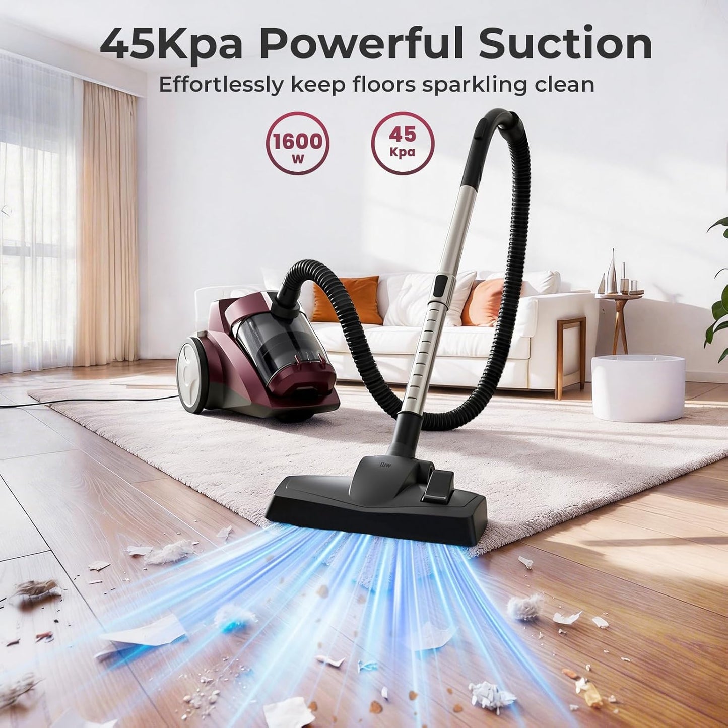 Skiennix Canister Vacuum Cleaner - 1600W Bagless Design with 45Kpa Suction Power | 4Qt Dust Cup, 5 Tools, Lightweight for Home & Pets - Red
