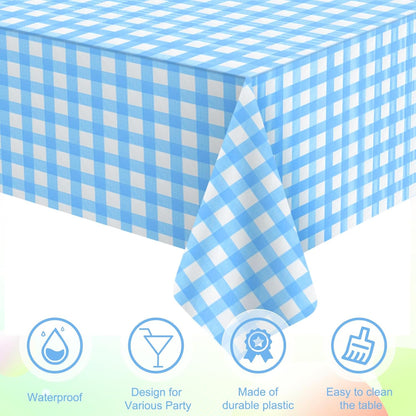 Skiennix Light Blue Gingham Tablecloths - Disposable Plastic Checkered Covers for Parties | 54 x 108 Inch