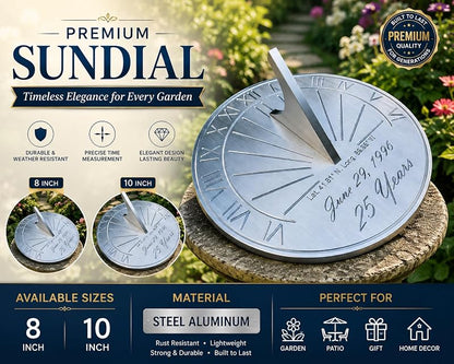 Personalized Garden Sundial 10 Inch - Steel & Aluminum Engraved Roman Numeral Outdoor Decor