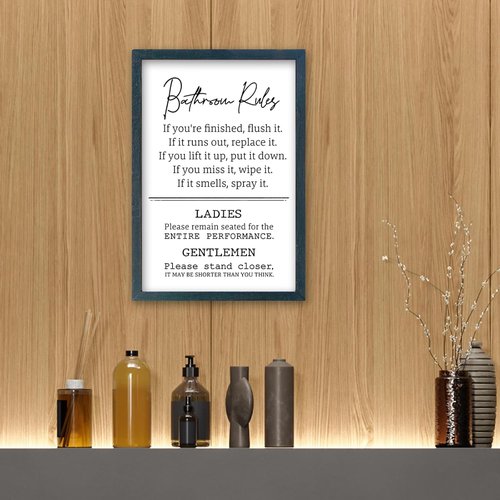 Bathroom Rules Wall Decor - Humorous 16" x 11" Restroom Sign | Modern Framed Art in Black