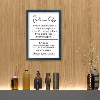 Bathroom Rules Wall Decor - Humorous 16" x 11" Restroom Sign | Modern Framed Art in Black