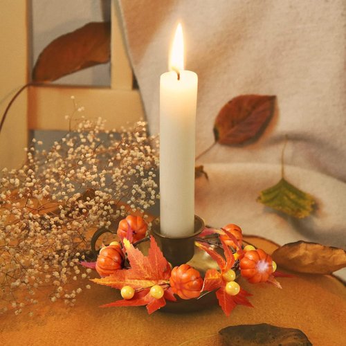 Fall Candle Rings by 6Pcs | Artificial Pumpkin & Maple Leaf Wreaths for Autumn Decor | 3.1" ID / 7" OD
