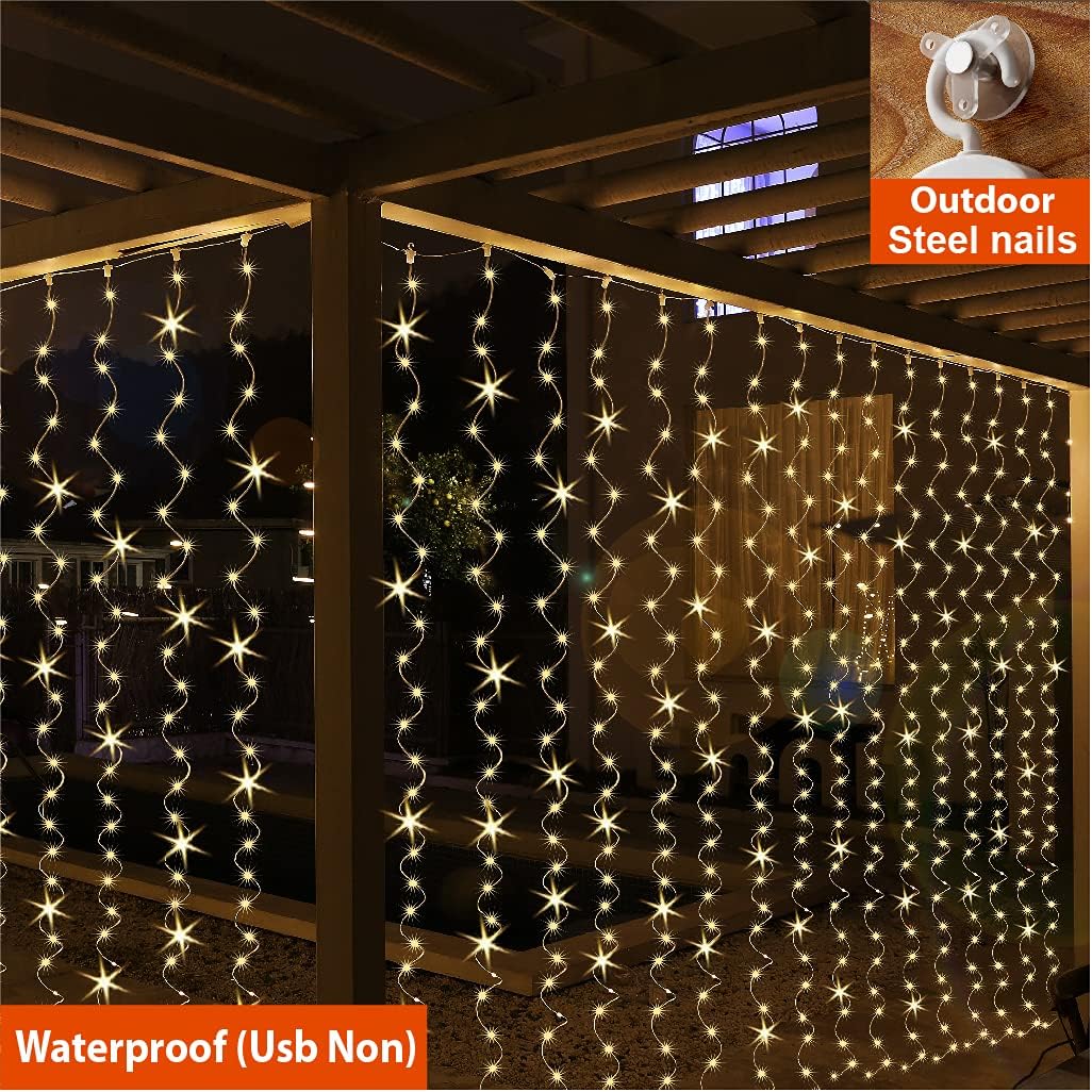 ZSJWL 300 LED Curtain Fairy Lights - Remote Control, 8 Modes, 9.8 x 9.8 Ft, Warm White Twinkle Lights for Bedroom & Events