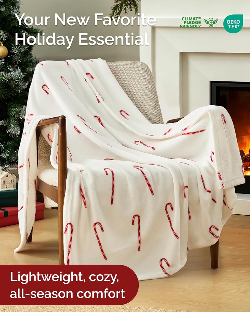 Candy Cane Christmas Fleece Blanket Twin 60x80 - 42 Candy Canes+Twin