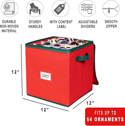 HOLDN’ STORAGE Christmas Ornament Storage Box - Holds Up to 64 Ornaments | Adjustable Compartments in Red
