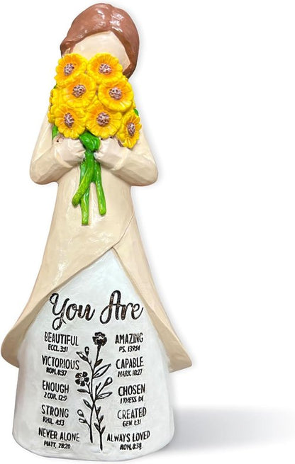 Christian Figurine - Hand-Painted Sunflower Resin Doll with Bible Verses | Spiritual Home Decor Gift for Women