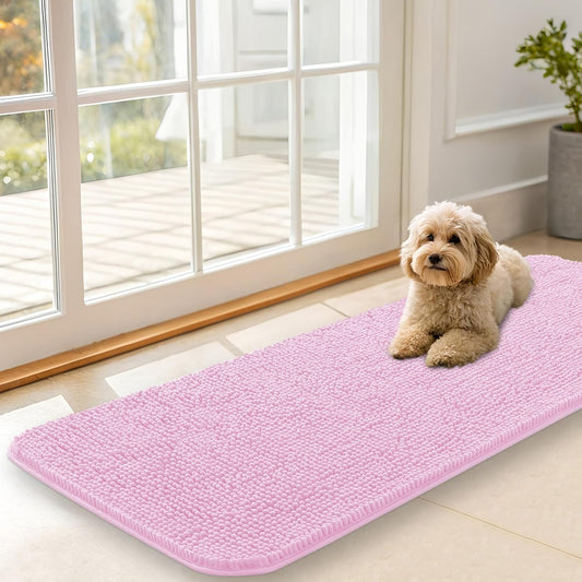 OLANLY Dog Door Mat - Absorbent Non-Slip Washable Doormat for Muddy Paws | 47x17 Inches, Pink