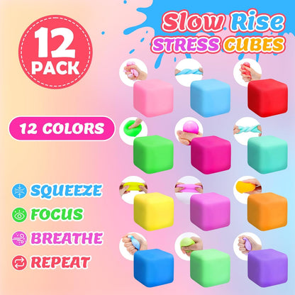Skiennix 12 Pack Stress Cube Set - Slow Rising Squishy Fidget Toys for Anxiety Relief | Ideal for Kids & Adults