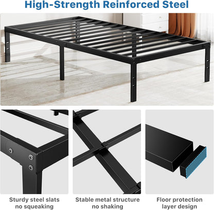OLIXIS Metal Twin Bed Frame - 14-Inch High with Storage Space | Sturdy Steel Slat Support, 800LBS Capacity, Black
